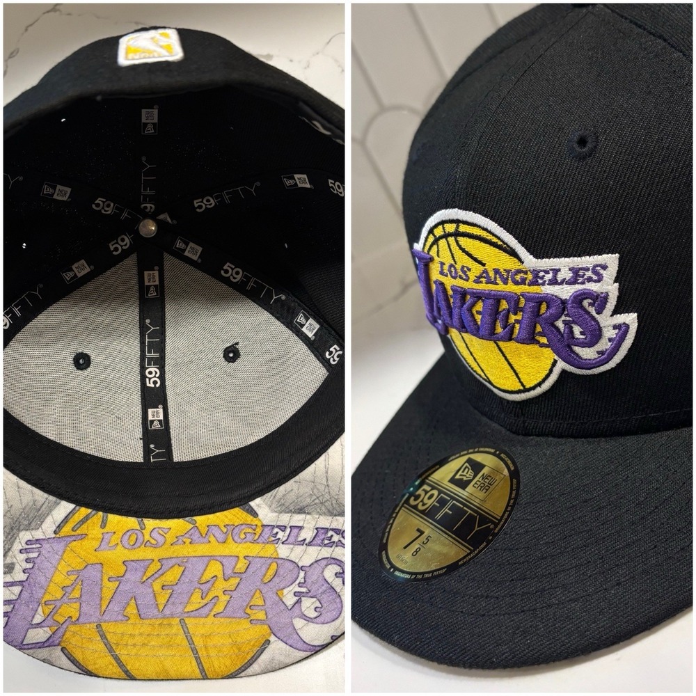 LA Lakers New Era 59Fifty Fitted Hat Black Under Brim Visor Big Logo 7 5/8 NBA
